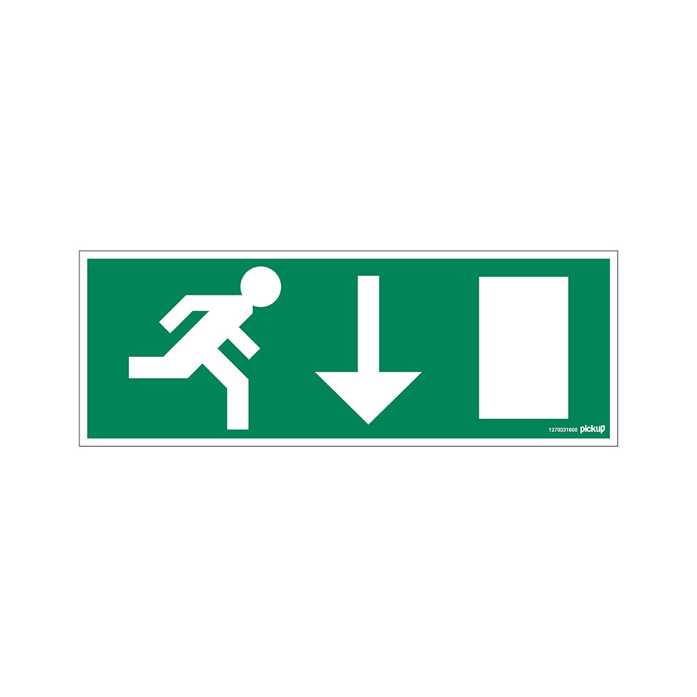Bord 330x120 mm - Nooduitgang vluchtweg beneden - 1270331608 - EAN 8711234128171 - hard kunststof polystyreen 1,5 mm Oude ISO7010, slechts toepassen in situaties ter vanvanging/aanvulling in een gebouw waar deze pictogram al werd toegepast