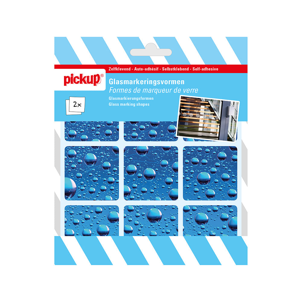 Glasmarkeringsvorm transparant blauw druppels - 2 vellen a 9 stuks - 45x45 mm - 1272069523 - EAN 8711234001382 - zelfklevend vinyl