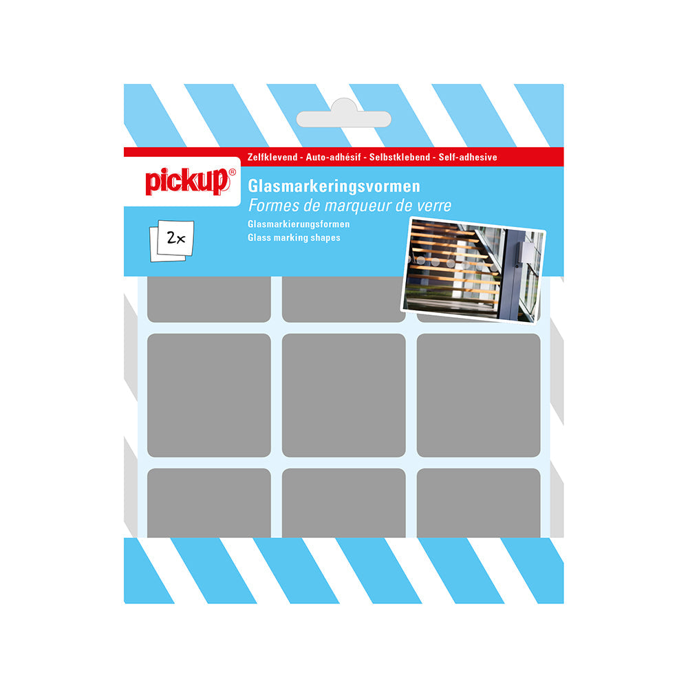 Glasmarkeringsvorm Glas-ets - vierkant 45x45 mm - 2 vellen a 9 stuks - 1272069525 - EAN 8711234001405 - zelfklevend vinyl