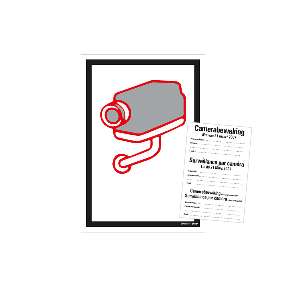 Bord 230x330 mm Combinatie - Camerabewaking Belgie - Surveillance par camera - wet van 21 maart 2007 - loi du 21 Mars 2007 - 1272300173 - EAN 8711234129680 - hard kunststof polystyreen 1,5 mm. wordt geleverd met 3 stickers - camerabewaking - Surveillance par camera en een combinatie sticker Frans-Nederlands