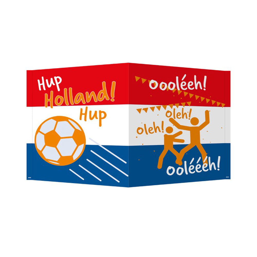 Raambord Hup Holland, Oranje, WK, EK, 100x60cm (plat). Steekt na bevestiging ongeveer 45cm uit. Voorzien van zelfklevende stroken voor bevestiging.