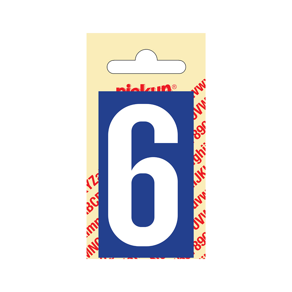 Plakcijfer kunststof 60 mm - blauw met wit 6 - 350250606 - EAN 8711234059260 - hard kunststof zelfklevend