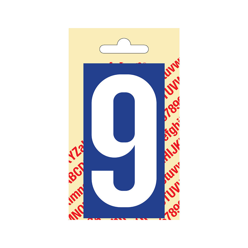 Plakcijfer kunststof 90 mm - blauw met wit 9 - 350250909 - EAN 8711234059390 - hard kunststof zelfklevend