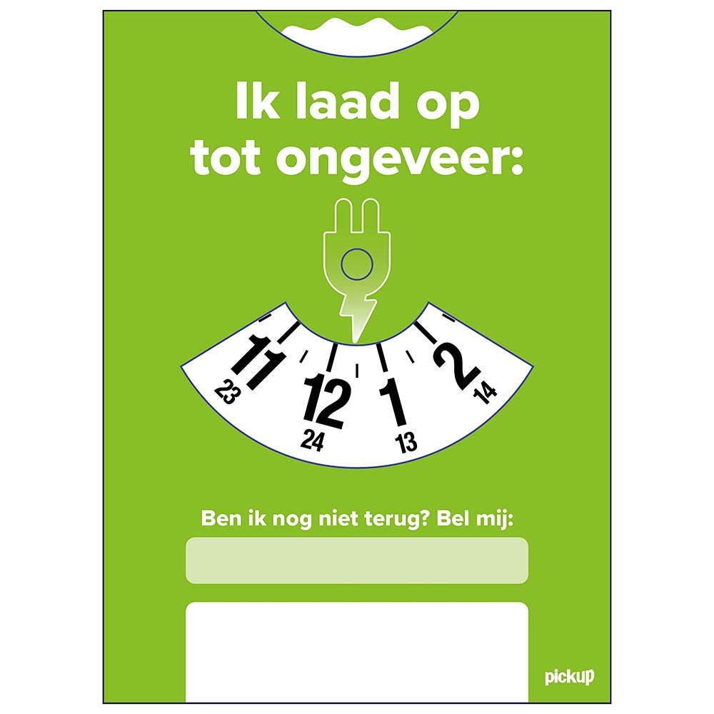 Pickup Parkeerschijf electrische auto opladen resterende laadtijd - 110x150 mm - 4908011001 - EAN 8711234037213 - Met deze parkeerschijf kunt u aangeven tot wanneer uw electrische auto nog moet laden of wanner u weer terug bent bij uw auto. Indien u dit zelf wenst kunt u ook uw gegevens achterlaten op de parkeerschijf. U kunt uw bedrijfslogo laten meedrukken op de parkeerschijf. Ook voor kleine oplages. Neem contact met ons op over de mogelijke oplages.