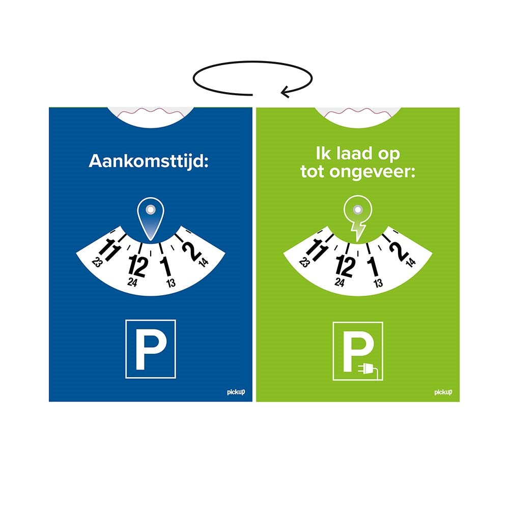 Parkeerschijf gecombineerd met resterende oplaadtijd electrische auto - 2-zijdig Blauw/Groen 110x150 mm - 4908011005 - EAN 8711234007285 - electrostatisch - kleeft tegen het glas en de voorruit -Dit artikel kan naar wens in uw eigen kleur worden uitgevoerd en/of met uw eigen logo worden bedrukt. Neem hiervoor contact met ons op voor uw prijs.