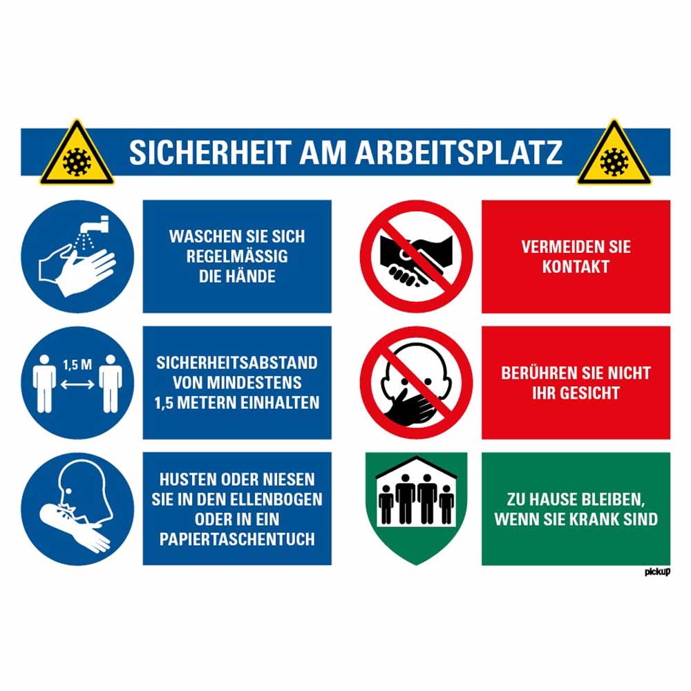 Aufkleber Sticker 330x230 mm 8199230101 EAN 8711234376848 Waschen Sie regelmässig regelmaessig die Hände Haende Sicherheitsabstand 1,5 Metern Husten oder Niesen in den Ellenbogen oder Papiertaschentuch Vermeide Kontakt Gesicht nicht berühren beruehren Zu Hause bleiben wenn krank social distance 19