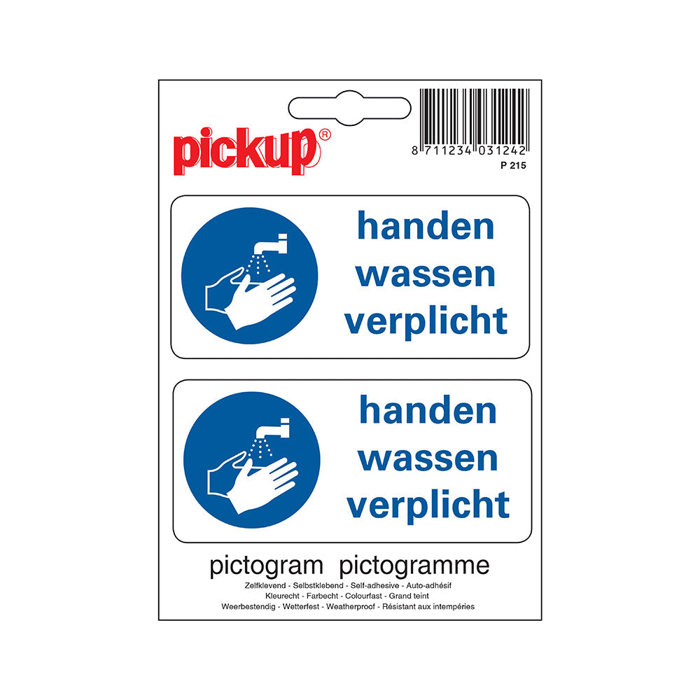 Pictogram 100x100 mm - handen wassen verplicht 2x - P215 - EAN 8711234339119 - zelfklevende vinyl sticker