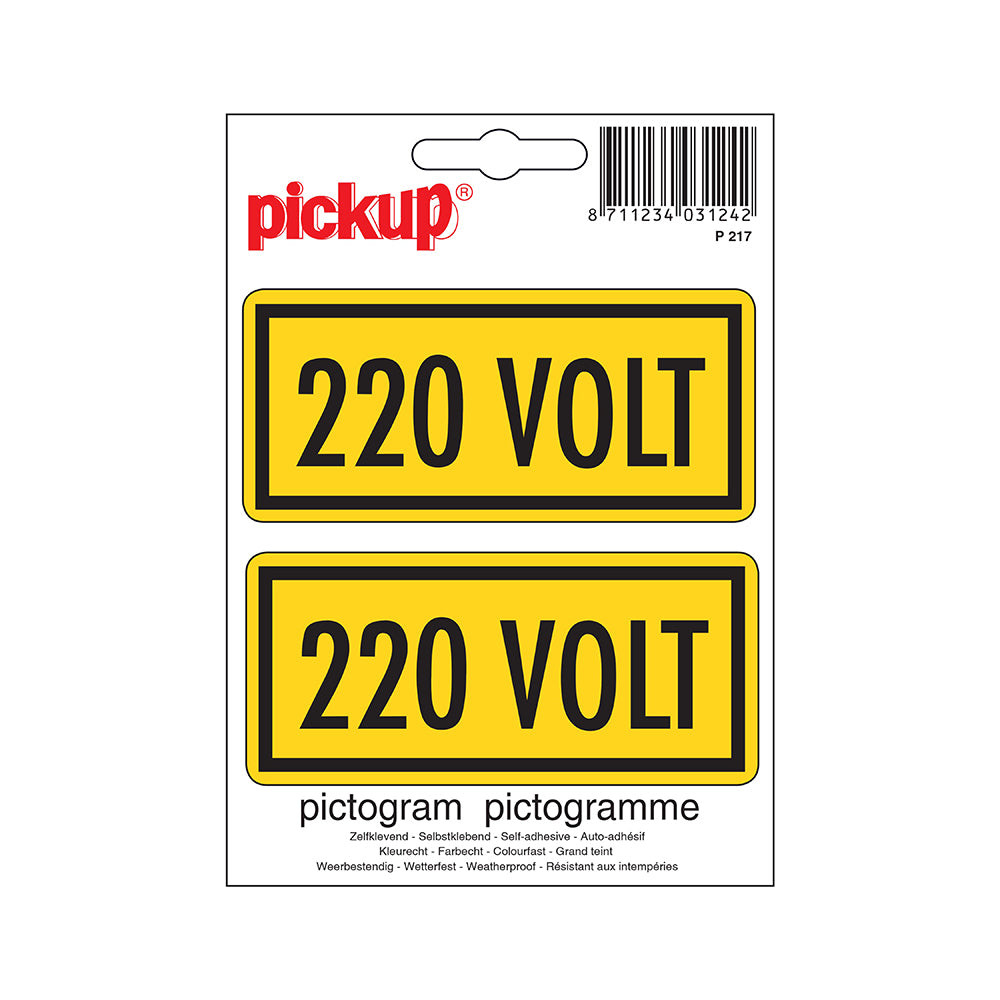 Pictogram 100x100 mm - 220 volt - P217 - EAN 8711234339133 - zelfklevende vinyl sticker