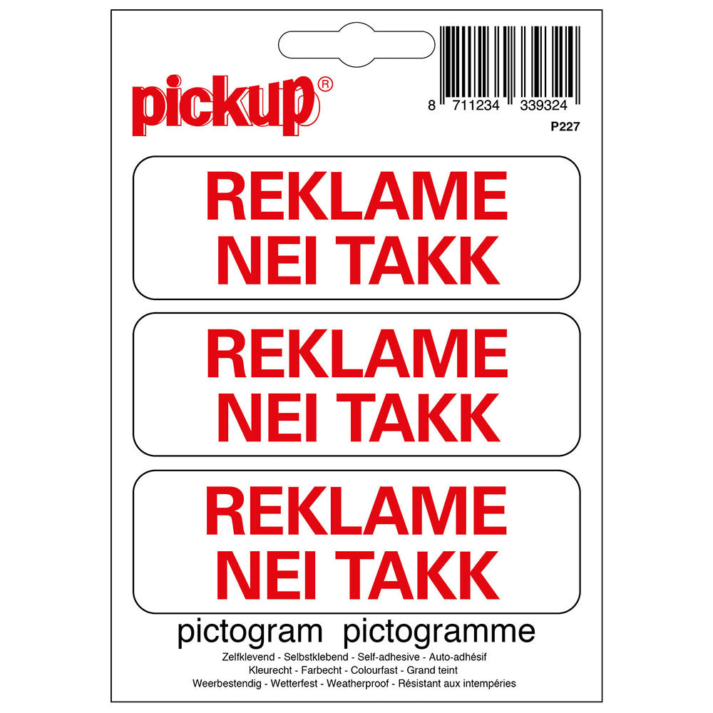 Pictogram 100x100 mm - REKLAME NEI TAKK - P227 - EAN 8711234339324 - zelfklevende vinyl sticker