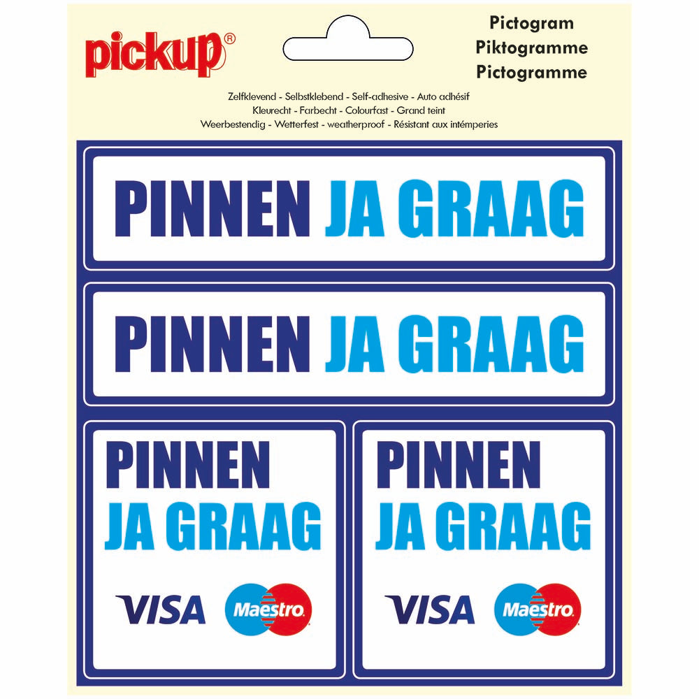 Pictogram 150x150 mm 4 op 1 - Pinnen Ja Graag Visa Maestro - P301-15-4 - EAN 8711234127747 - zelfklevende vinyl sticker