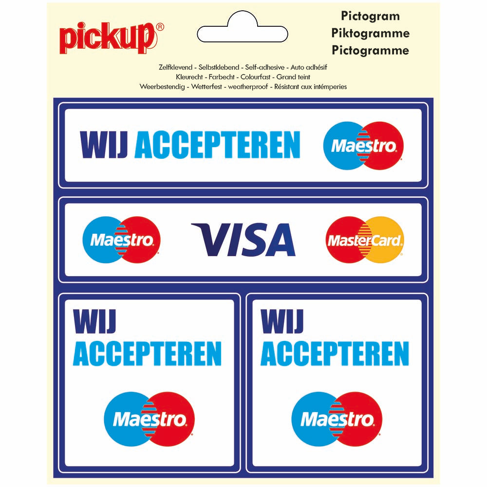 Pictogram 150x150 mm 4 op 1 - Wij accepteren Maestro Visa - P304-15-4 - EAN 8711234127778 - zelfklevende vinyl sticker