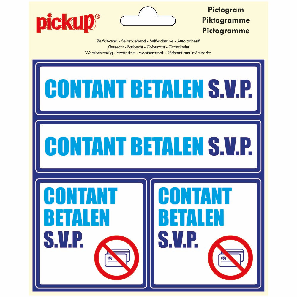 Pictogram 150x150 mm 4 op 1 - Contant betalen svp geen card - P309-15-4 - EAN 8711234130471 - zelfklevende vinyl sticker
