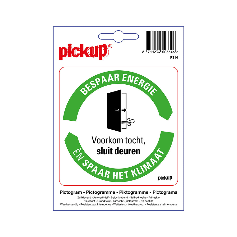 Pickup sticker Bespaar Energie spaar het klimaat: Deur sluiten, voorkom tocht- 100x100 mm - zelfklevend vinyl - P314 - EAN 8711234006646 De Pickup energie- en milieu besparingsstickers zijn in de uitvoering “bespaar water”, “deur sluiten”, “licht uit”, “verwarming uit”, “thermostaat laag” en “stekker uit stopcontact” te verkrijgen. De stickers zijn er in de afmeting 10x10 cm en 5x5 cm (4 stuks op 1 vel). Er is ook een hard kunststof verzamelbordje in de afmeting 23x33 cm verkrijgbaar.