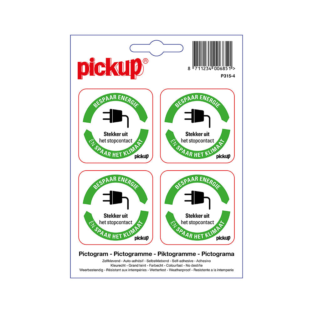 Pickup sticker Bespaar Energie spaar het klimaat: Stekker uit het stopcontact - 50x50 mm 4 stuks - zelfklevend vinyl - P315-4 - EAN 8711234006851. De Pickup energie- en milieu besparingsstickers zijn in de uitvoering “bespaar water”, “deur sluiten”, “licht uit”, “verwarming uit”, “thermostaat laag” en “stekker uit stopcontact” te verkrijgen. De stickers zijn er in de afmeting 10x10 cm en 5x5 cm (4 stuks op 1 vel). Er is ook een hard kunststof verzamelbordje in de afmeting 23x33 cm verkrijgbaar.
