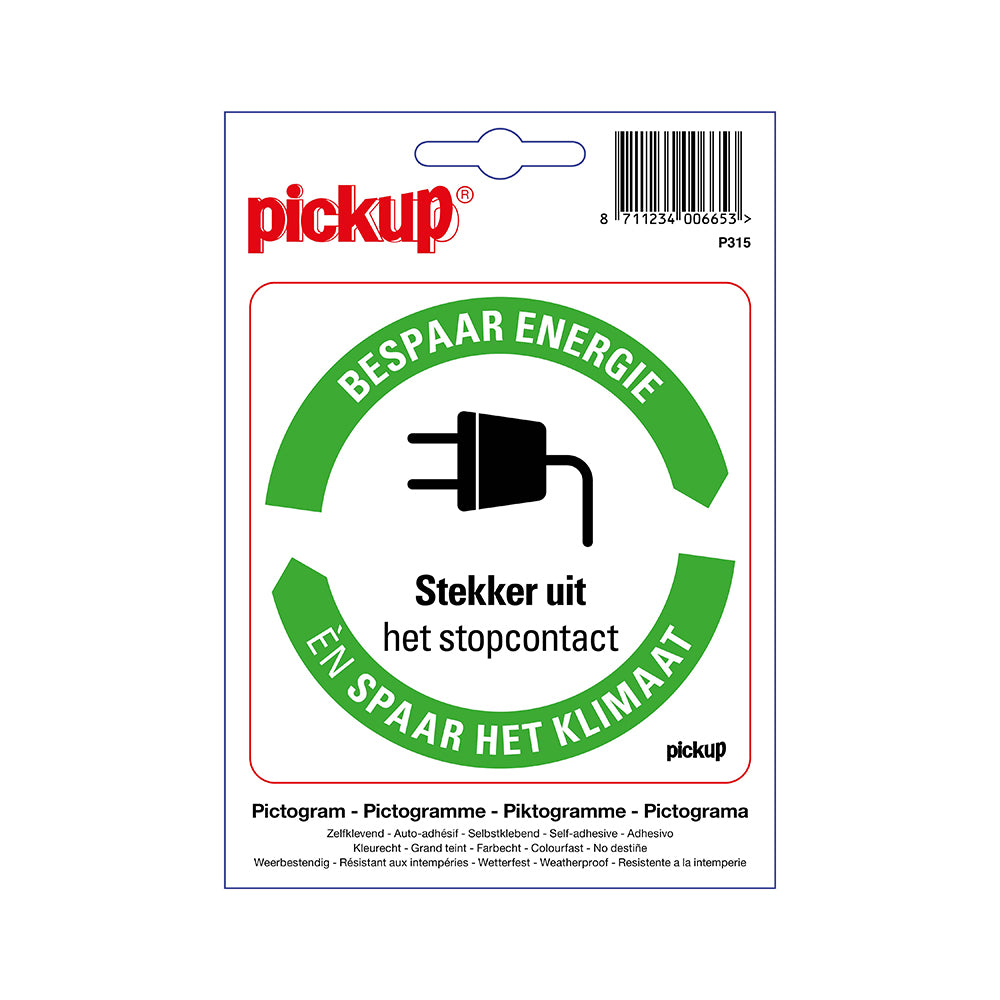 Pickup sticker Bespaar Energie spaar het klimaat: Stekker uit het stopcontact - 100x100 mm - zelfklevend vinyl - P315 - EAN 8711234006653. De Pickup energie- en milieu besparingsstickers zijn in de uitvoering “bespaar water”, “deur sluiten”, “licht uit”, “verwarming uit”, “thermostaat laag” en “stekker uit stopcontact” te verkrijgen. De stickers zijn er in de afmeting 10x10 cm en 5x5 cm (4 stuks op 1 vel). Er is ook een hard kunststof verzamelbordje in de afmeting 23x33 cm verkrijgbaar.