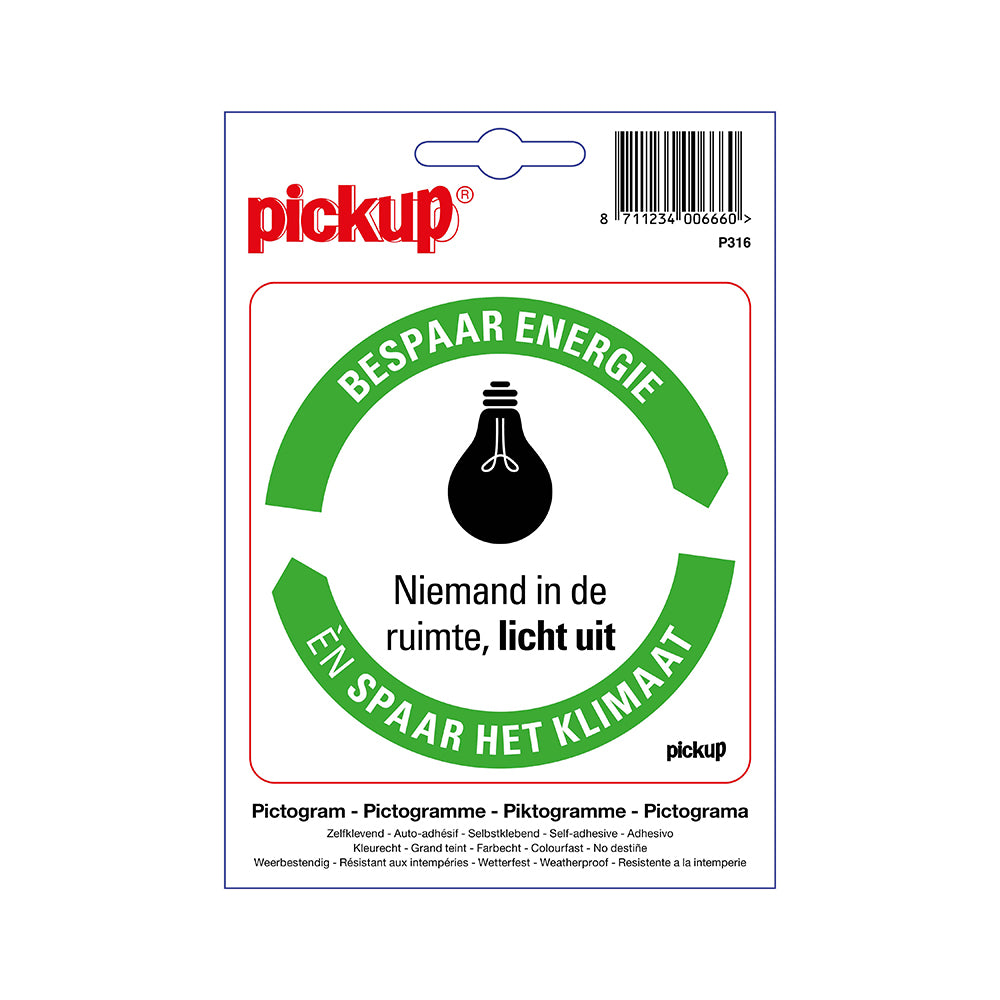 Pickup sticker Bespaar Energie spaar het klimaat: Licht uit! - 100x100 mm - zelfklevend vinyl - P316 - EAN 8711234006660. De Pickup energie- en milieu besparingsstickers zijn in de uitvoering “bespaar water”, “deur sluiten”, “licht uit”, “verwarming uit”, “thermostaat laag” en “stekker uit stopcontact” te verkrijgen. De stickers zijn er in de afmeting 10x10 cm en 5x5 cm (4 stuks op 1 vel). Er is ook een hard kunststof verzamelbordje in de afmeting 23x33 cm verkrijgbaar.