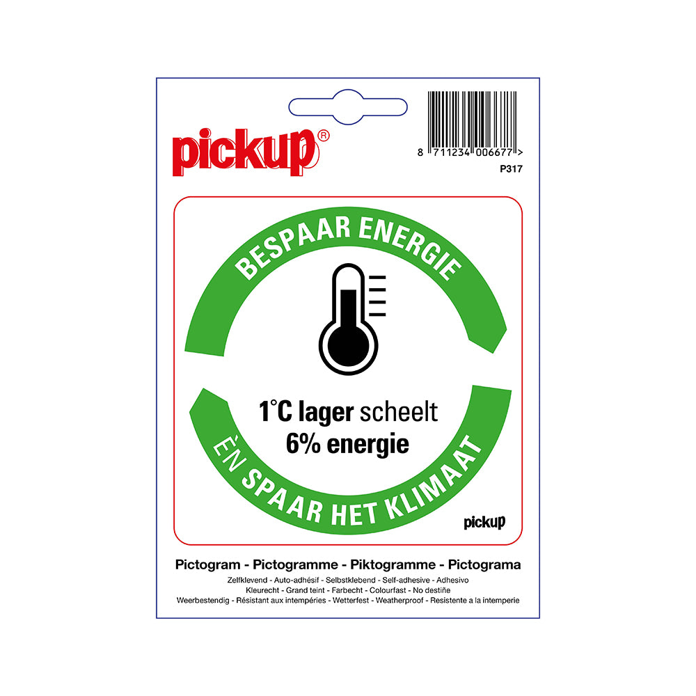 Pickup sticker Bespaar Energie spaar het klimaat: Thermostaat omlaag - 100x100 mm - zelfklevend vinyl - P317 - EAN 8711234006677. De Pickup energie- en milieu besparingsstickers zijn in de uitvoering “bespaar water”, “deur sluiten”, “licht uit”, “verwarming uit”, “thermostaat laag” en “stekker uit stopcontact” te verkrijgen. De stickers zijn er in de afmeting 10x10 cm en 5x5 cm (4 stuks op 1 vel). Er is ook een hard kunststof verzamelbordje in de afmeting 23x33 cm verkrijgbaar.