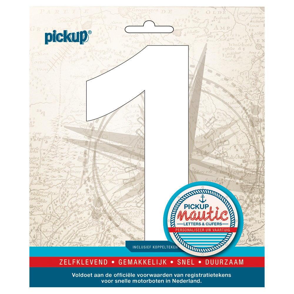 Nautic plakcijfer 150mm wit 1 314121501 EAN 8711234061560 zelfklevend vinyl lettertype geschikt voor nautische toepassingen havens zeilboten motorboten schepen pleziervaart vochtbestendig en weerbestendig