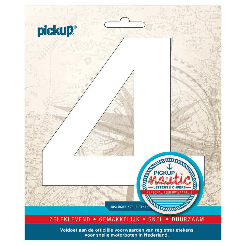 Nautic plakcijfer 150mm wit 4 314121504 EAN 8711234061591 zelfklevend vinyl lettertype geschikt voor nautische toepassingen havens zeilboten motorboten schepen pleziervaart vochtbestendig en weerbestendig