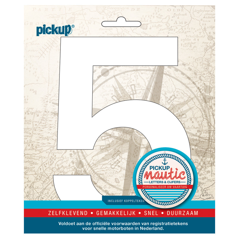 Nautic plakcijfer 150mm wit 5 314121505 EAN 8711234061607 zelfklevend vinyl lettertype geschikt voor nautische toepassingen havens zeilboten motorboten schepen pleziervaart vochtbestendig en weerbestendig