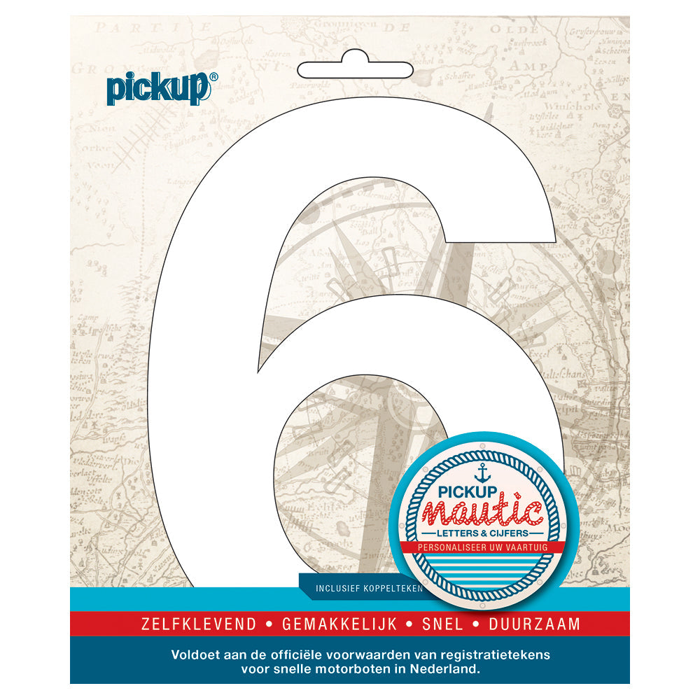 Nautic plakcijfer 150mm wit 6 314121506 EAN 8711234061614 zelfklevend vinyl lettertype geschikt voor nautische toepassingen havens zeilboten motorboten schepen pleziervaart vochtbestendig en weerbestendig