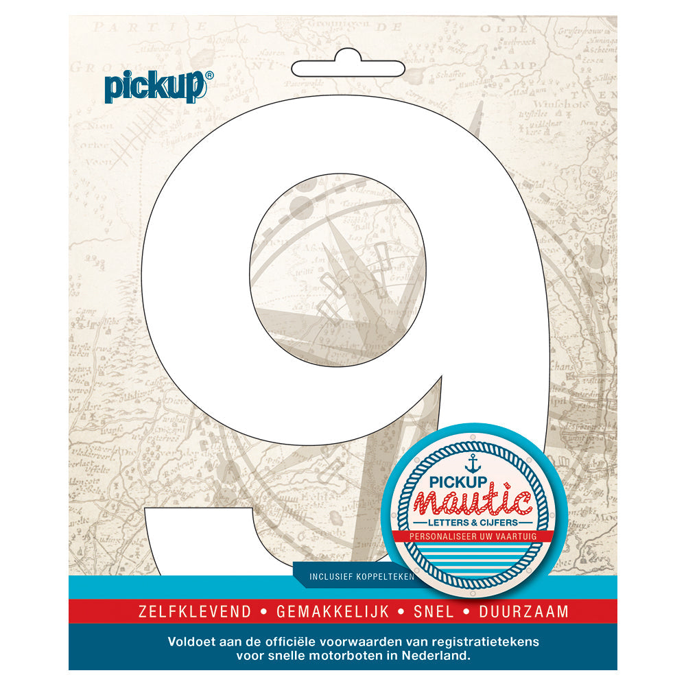 Nautic plakcijfer 150mm wit 9 314121509 EAN 8711234061645 zelfklevend vinyl lettertype geschikt voor nautische toepassingen havens zeilboten motorboten schepen pleziervaart vochtbestendig en weerbestendig