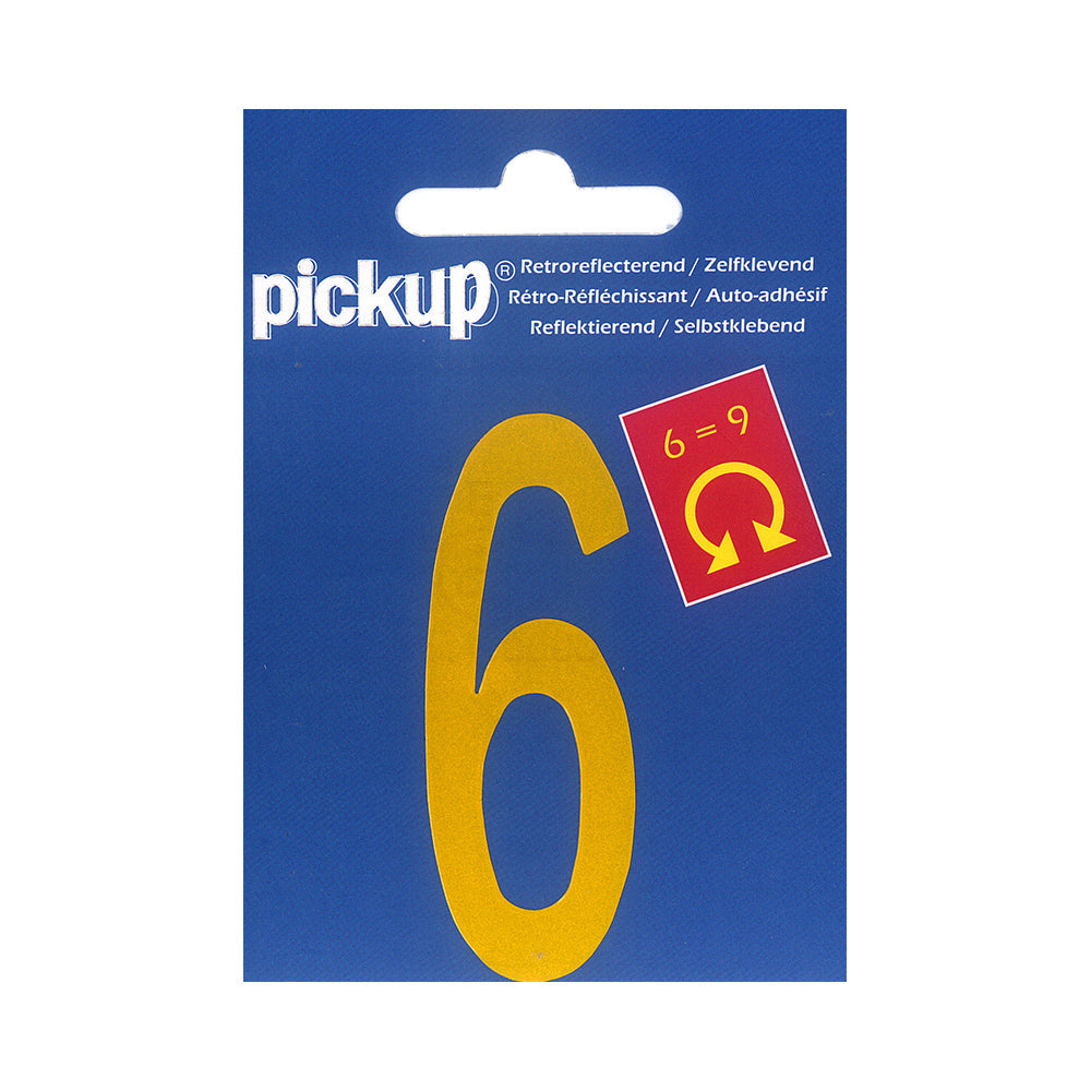 Plakcijfer reflecterend geel - 70 mm 6 9 - 3800400706 - EAN 8711234304063 - zelfklevend vinyl reflecterend