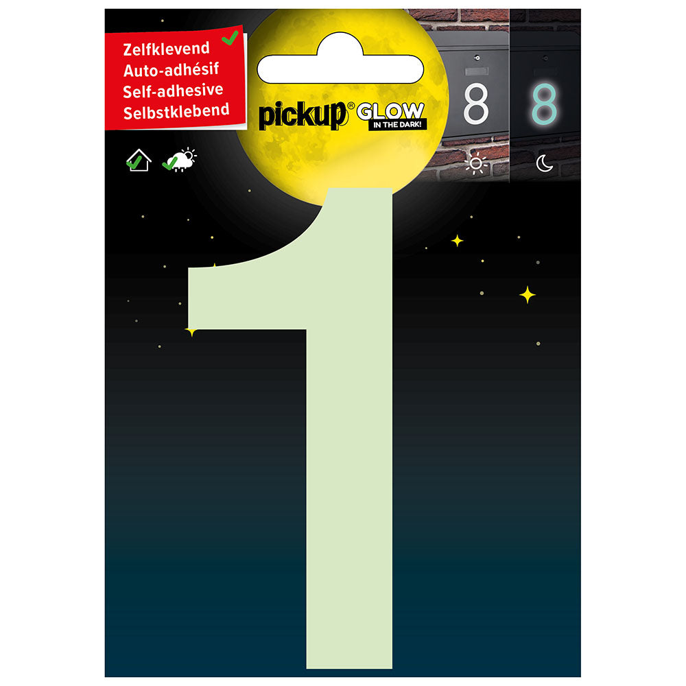Glow in the dark Huisnummer 1 - 10 cm - 3909910011 - EAN 8711234005137 - zelfklevend vinyl glow in the dark reflecterend fotoluminiscent