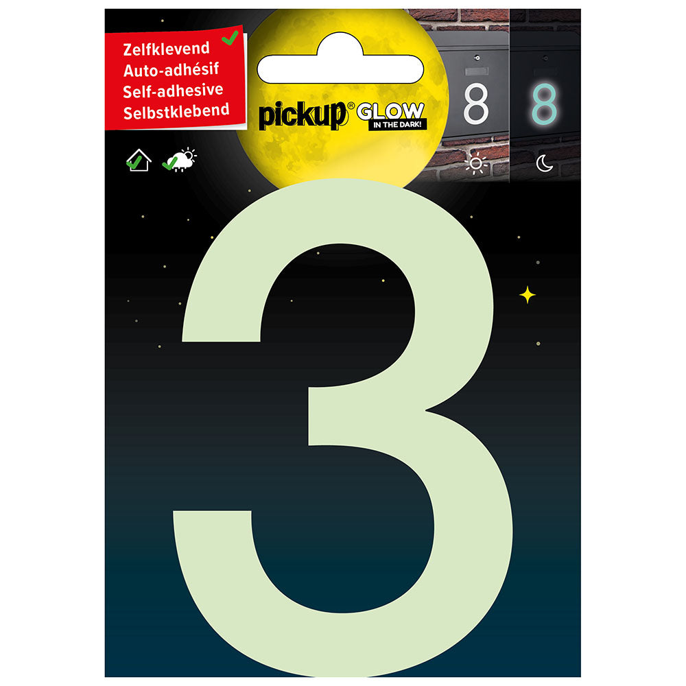 Glow in the dark Huisnummer 3 - 10 cm - 3909910013 - EAN 8711234005151 - zelfklevend vinyl glow in the dark reflecterend fotoluminiscent