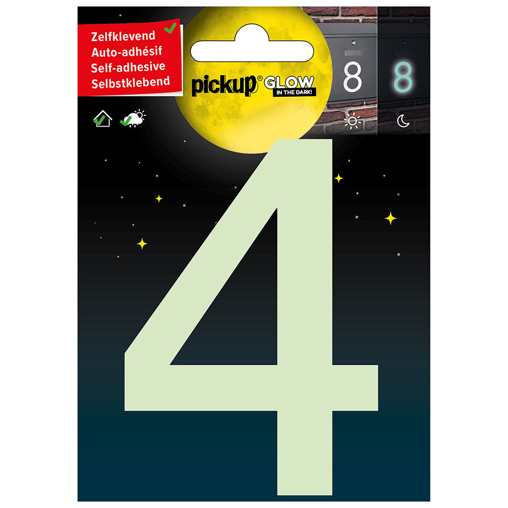 Glow in the dark Huisnummer 4 - 10 cm - 3909910014 - EAN 8711234005168 - zelfklevend vinyl glow in the dark reflecterend fotoluminiscent