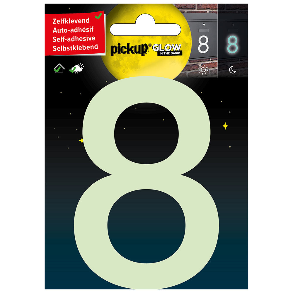 Glow in the dark Huisnummer 8 - 10 cm - 3909910018 - EAN 8711234005205 - zelfklevend vinyl glow in the dark reflecterend fotoluminiscent