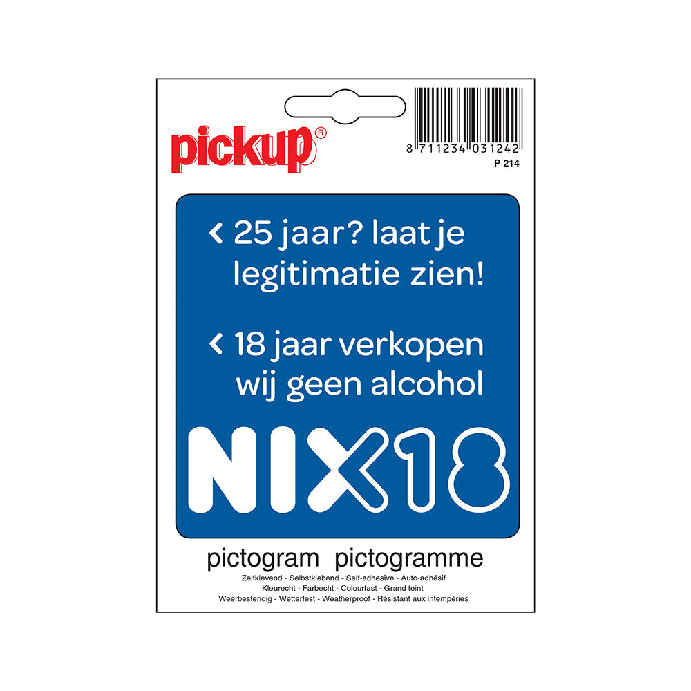 Pictogram 100x100 mm - Nix18 <25 legitimatie <18 geen alcohol - P214 - EAN 8711234339171 - zelfklevende vinyl sticker 
