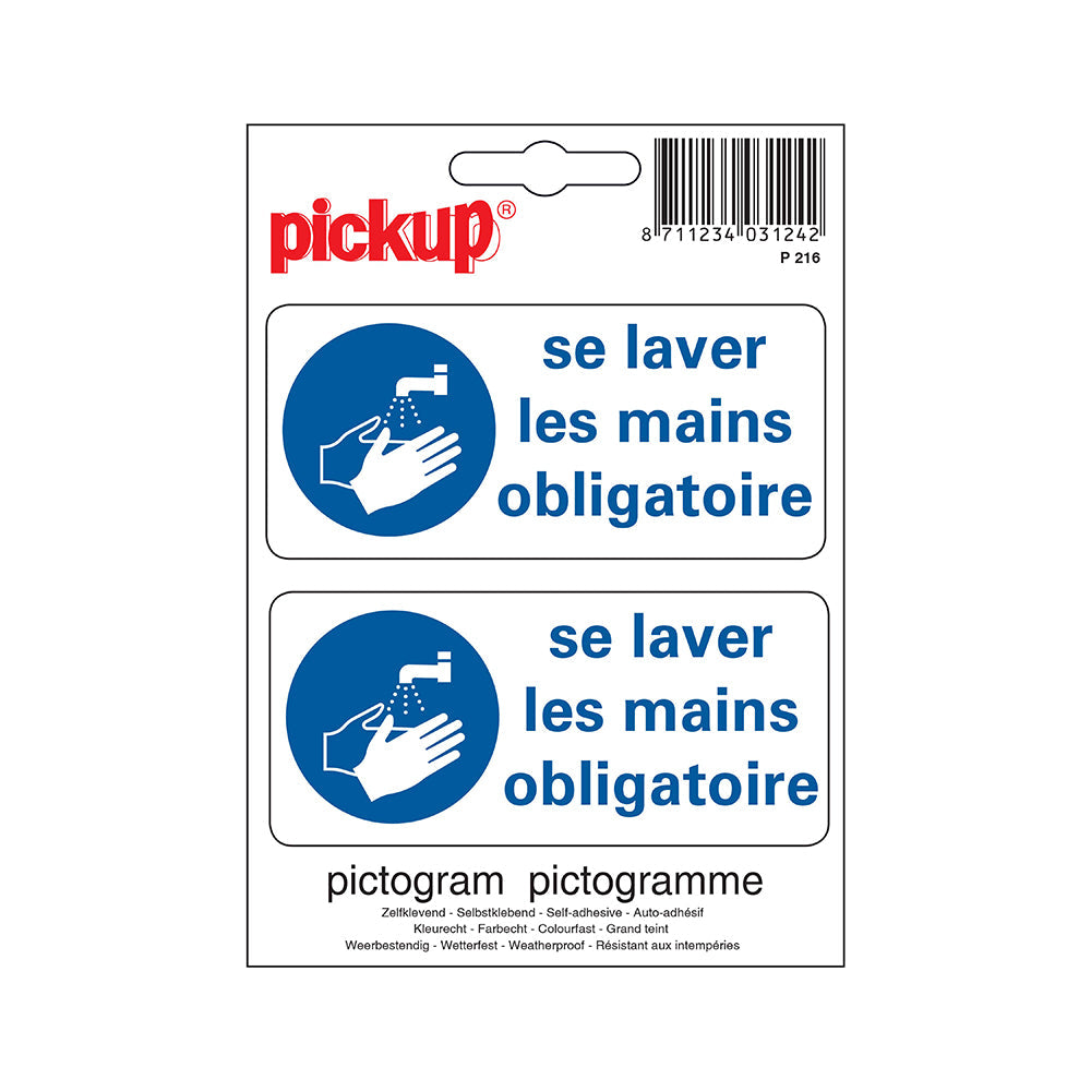 Pictogram 100x100 mm - se laver les mains obligatoir 2x - P216 - EAN 8711234339126 - zelfklevende vinyl sticker 