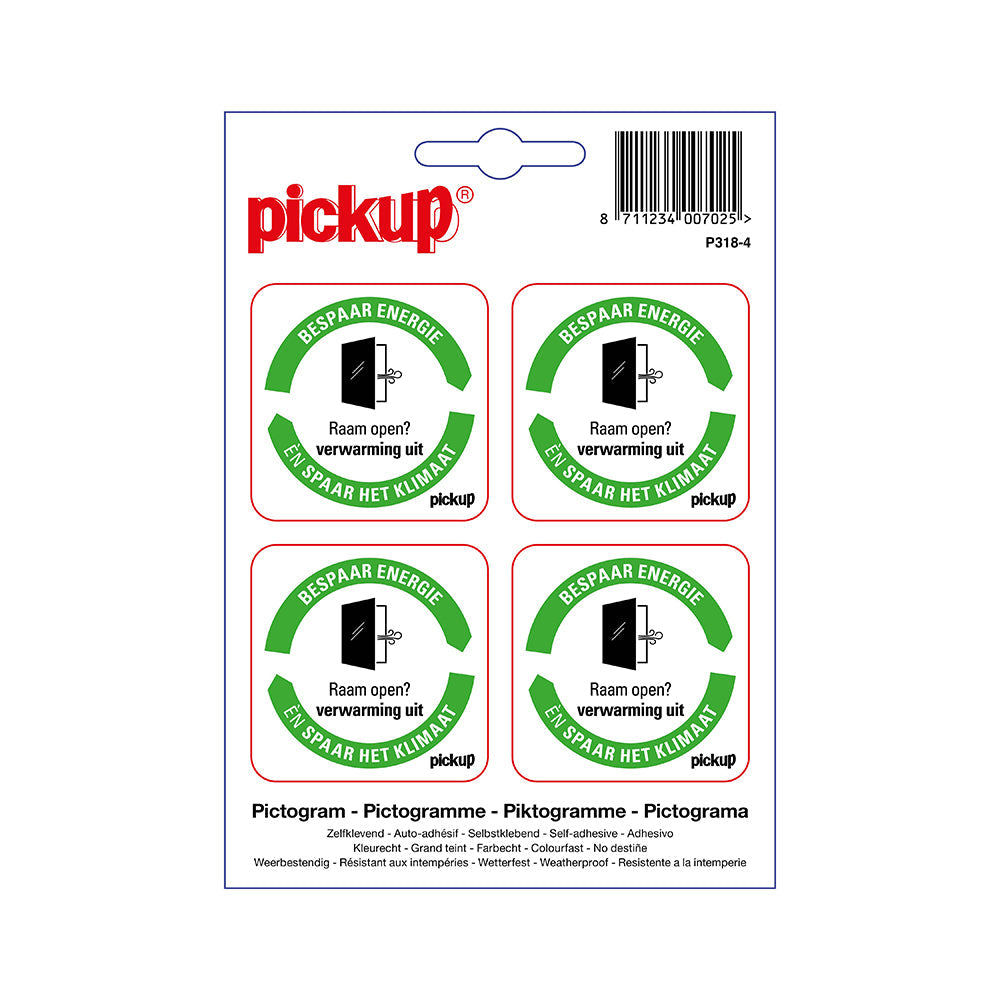 Pickup sticker Bespaar Energie spaar het klimaat: Raam open, Verwarming uit - 50x50 mm 4 stuks - zelfklevend vinyl - P318-4 - EAN 8711234007025. De Pickup energie- en milieu besparingsstickers zijn in de uitvoering “bespaar water”, “deur sluiten”, “licht uit”, “verwarming uit”, “thermostaat laag” en “stekker uit stopcontact” te verkrijgen. De stickers zijn er in de afmeting 10x10 cm en 5x5 cm (4 stuks op 1 vel). Er is ook een hard kunststof verzamelbordje in de afmeting 23x33 cm verkrijgbaar.