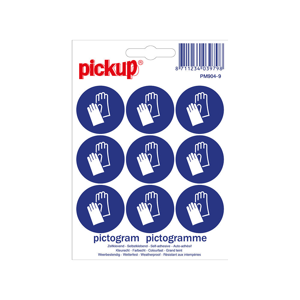 Mini Picto Pictogram 30 mm 9 per vel - Veiligheidshandschoenen dragen - PM904-9 - EAN 8711234039798 - zelfklevende vinyl sticker 